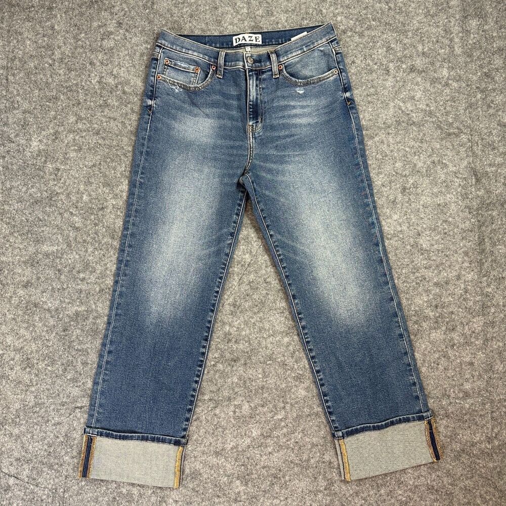 DAZE Denim Women's 30 High Rise Straight Cuffed Jeans Medium Wash Hug Stretch
